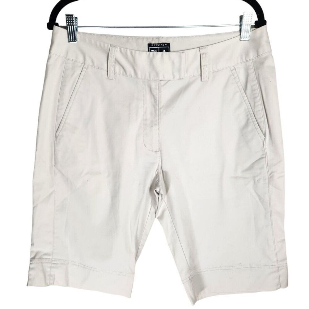 Adidas Womens Shorts White Bermuda Mid Rise Flat Front Stretch Pockets Size 10